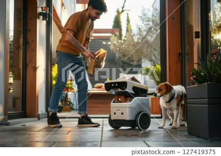 A beaming  young man pulls his meal from the delivery robot, thrilled by the quick and efficient dining experience. 127419375
