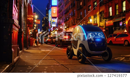 A food delivery robot cruises down a bustling city street at dusk, illuminated by the glow of colorful neon signs. A food delivery robot cruises down a bustling city street at dusk, illuminated by the glow of colorful neon signs. 127419377