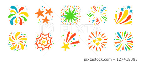 Crayon doodle firework symbol. Hand drawn firework pencil sketch. Chalk color magic sparkle. Crayon texture starburst. Vector illustration on white background 127419385