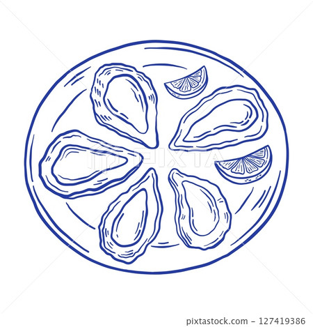 Hand-drawn oyster plate with lemon vector illustration. Doodle seafood mussel delicacy. La dolce vita Italian style. 127419386