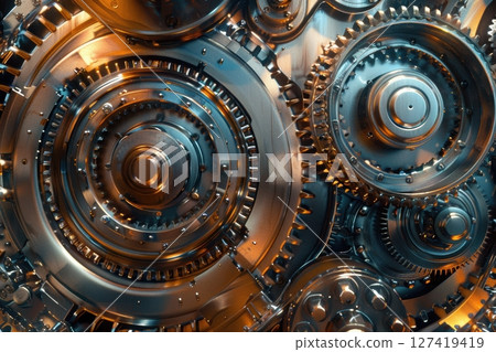 Industrial Machine Parts Abstract Composition with Gears, Bearings, and Hydraulic Components 127419419