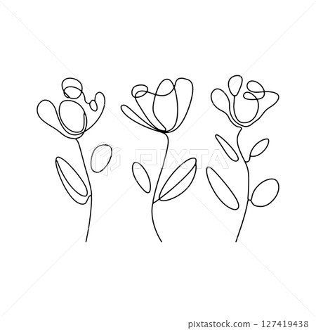 Abstract Floral Play. A creative set of three flowers with abstract petal shapes and whimsical linework. Abstract Floral Play. A creative set of three flowers with abstract petal shapes and whimsical linework. 127419438