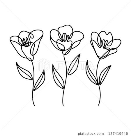 Bold Botanical Trio. A vivid floral composition with thick lines and expressive petal structures. Ideal for impactful nature-inspired designs. Bold Botanical Trio. A vivid floral composition with thick lines and expressive petal structures. Ideal for impactful nature-inspired designs. 127419446