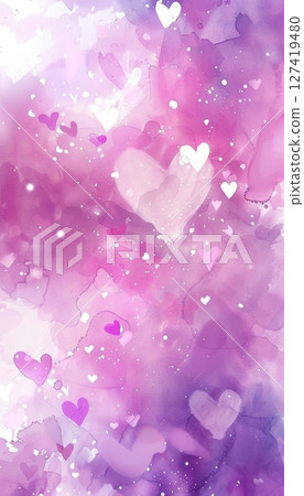 Abstract Valentine's Day Watercolor Background with Heart Shapes and Light Sparkles in Pink and Violet Hues 127419480
