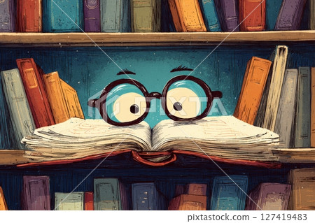 Cartoon Bookworm with Glasses Peeking from Open Book on Bookshelf 127419483