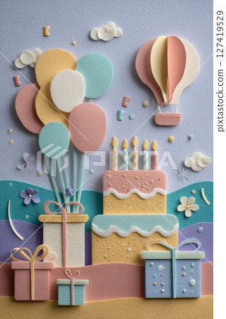 Whimsical Cut Paper Birthday Scene with Pastel Cake and Balloons Whimsical Cut Paper Birthday Scene with Pastel Cake and Balloons 127419529