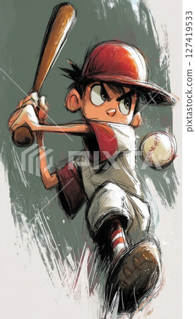 Cartoon Boy Playing Baseball with Oversized Bat and Ball in Motion 127419533