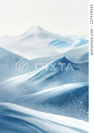 Majestic Winter Landscape with Snowy Peaks and Gently Falling Snowflakes in Serene Blue and White 127419543