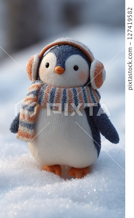 Chubby Plasticine Penguin with Scarf and Earmuffs in Snowy Scene 127419582