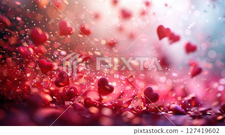 Whimsical Valentine's Day Background with Falling Pink and Red Candy Hearts and Glitter 127419602