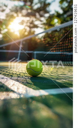 Pickleball Ball Rolling Towards Net on Textured Court in Morning Light 127419631