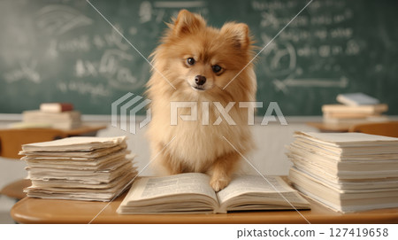 Pomeranian in Classroom Flipping Textbook Pages with Chalkboard Background 127419658
