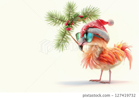 Festive Flamingo with Santa Hat and Christmas Tree Branch: Delightful 3D Holiday Illustration for Christmas Celebrations 127419732