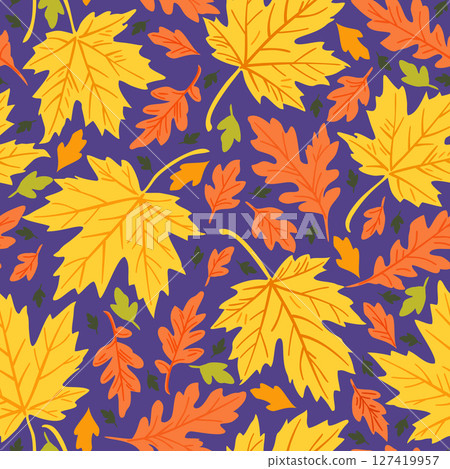 Bright vector seamless pattern with autumn leaves on blue background 127419957