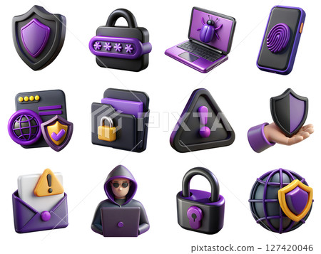 Cybersecurity and data protection 3d icons, digital privacy symbols, secure network elements, tech safety illustration 127420046