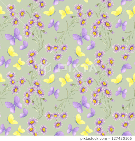 Asters and flying butterflies in yellow and lavender on muted green background in a seamless pattern watercolor clipart. Wildflowers and insect Ideal for notebooks, wallpaper, and gift items 127420106