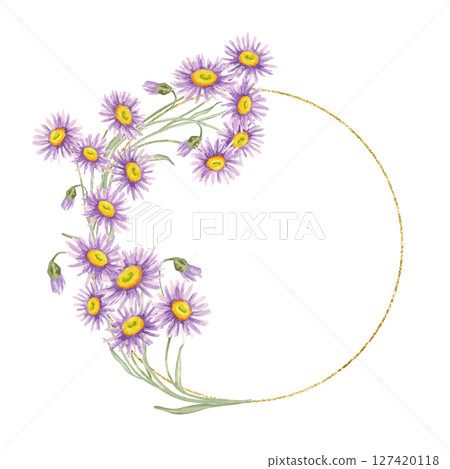 Half circular wreath made of purple asters on a fine gold ring. Wildflower circular card template Watercolor clipart suitable for logo design, product seals, or decorative badges on packaging 127420118