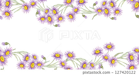 Dense cluster of violet asters with green leaves aligned in a floral band. Seamless border Watercolor clipart perfect for wrapping paper trims, branding materials, or fabric border designs 127420122