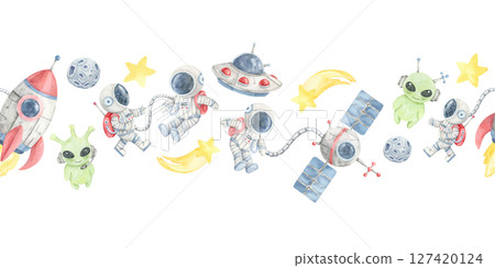 A mix of red rockets, astronauts, green aliens, blue satellites, stars, and yellow stars in seamless border watercolor illustration. Perfect for creative projects, blog headers, or kids products 127420124