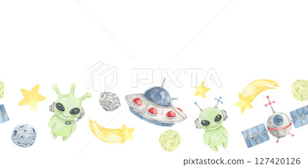 Red and blue UFOs, green aliens, yellow stars, and planets in seamless border watercolor clipart. Ideal for kids crafts, greeting cards, party printables, or scrapbook layouts with space themes 127420126