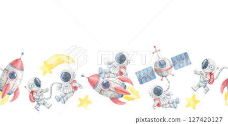Space explorers, yellow comets, stars, red rockets, and gray satellites in a seamless border watercolor clipart. Use it for printable bookmarks, outer space banners, or nursery design elements Space explorers, yellow comets, stars, red rockets, and gray satellites in a seamless border watercolor clipart. Use it for printable bookmarks, outer space banners, or nursery design elements 127420127