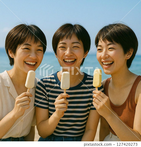 產生某人在海邊休息並吃冰淇淋的清爽場景 產生某人在海邊休息並吃冰淇淋的清爽場景 127420273