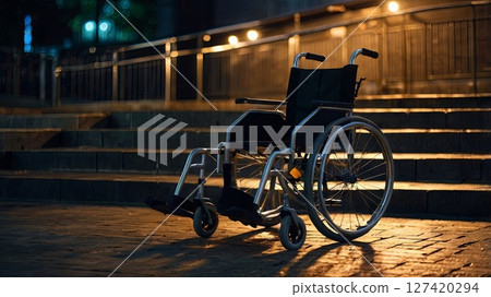 An empty wheelchair in front of high steps in the middle of the night. The concept of inclusivity, lack of adaptation for the disabled. 127420294