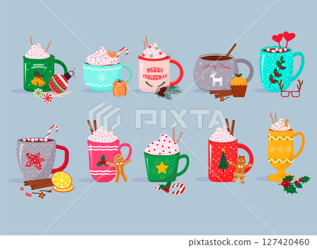 Set of Christmas cups. Mugs with hot drink. New Year and Christmas. Decorative mugs with a picture and holiday attributes. Set of Christmas cups. Mugs with hot drink. New Year and Christmas. Decorative mugs with a picture and holiday attributes. 127420460