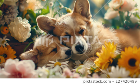 Surrounded by flowers, the proud Corgi mother and her playful puppy share a quiet moment in celebration of Mother's Day. 127420489
