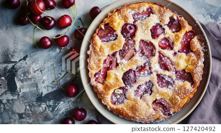 Indulge in a slice of Cherry and Rhubarb Clafoutis, where the bright red fruits meld beautifully in a soft, tender base. Top view, flat lay 127420492