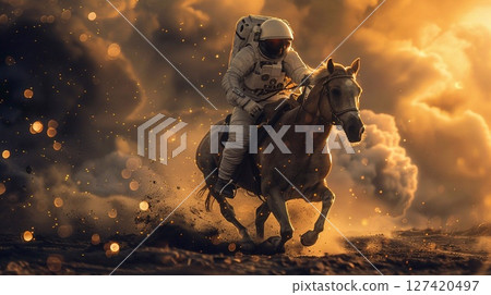 An astronaut in a space suit gallops on horseback through roaring flames and swirling smoke, merging worlds of adventure. 127420497