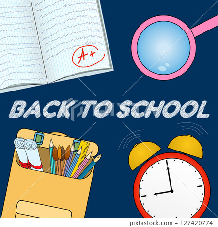 Back to school concept with alarm clock, stationery set, magnifying glass, open notebook, and open backpack on blue background. For educational website, promotional banner, poster, or classroom decor. Back to school concept with alarm clock, stationery set, magnifying glass, open notebook, and open backpack on blue background. For educational website, promotional banner, poster, or classroom decor. 127420774
