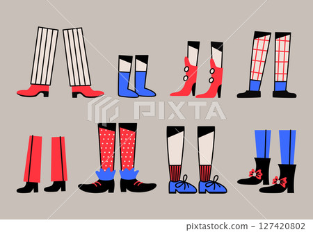 Various small, tiny and big human legs, different pants and shoes in flat style. Cartoon comic style. Colorful hand drawn vector illustration. Isolated doodle design elements. Icon, logo, print. Various small, tiny and big human legs, different pants and shoes in flat style. Cartoon comic style. Colorful hand drawn vector illustration. Isolated doodle design elements. Icon, logo, print. 127420802