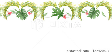 Tropical vines, palm, monstera leaves, passion flowers watercolor seamless border isolated on white. Perfect for branding, wedding invitations, packaging, fabric prints, summer design projects Tropical vines, palm, monstera leaves, passion flowers watercolor seamless border isolated on white. Perfect for branding, wedding invitations, packaging, fabric prints, summer design projects 127420897