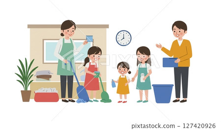 Get the whole family involved! Fun time cleaning up the house 127420926
