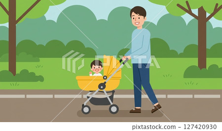 A father walking in the park pushing a stroller 127420930