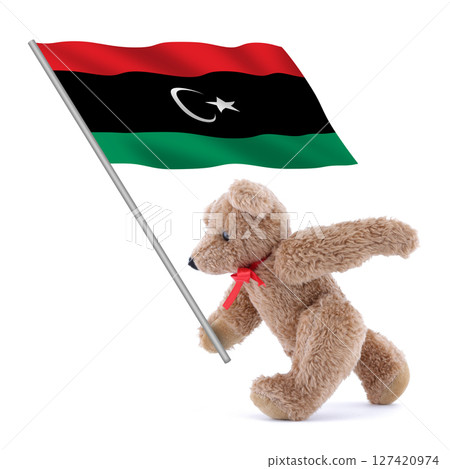 Libya flag being carried by a cute teddy bear 127420974