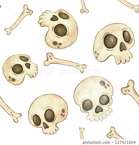 Skulls and bones seamless pattern. Watercolor hand drawn illustration, cartoon. Design for stickers, scrapbooking, cards. holiday, day of the dead, halloween, skull, skeleton, bone, human, pirate Skulls and bones seamless pattern. Watercolor hand drawn illustration, cartoon. Design for stickers, scrapbooking, cards. holiday, day of the dead, halloween, skull, skeleton, bone, human, pirate 127421004