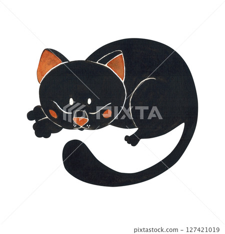 Sleeping black cat with tail hanging down 127421019