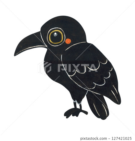 Black Raven Sitting in Profile for Halloween. Cartoon Watercolor Illustration Hand Drawn, Cartoon. Design for Stickers, Scrapbooking. Animals, Bird, Black, Crow, Raven, Halloween, Holiday, Decoration 127421025