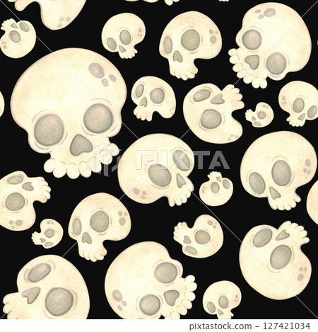 Seamless pattern with skulls of different shapes on a black background Seamless pattern with skulls of different shapes on a black background 127421034