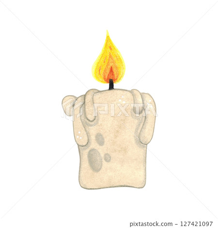 Small candle with burning fire, halloween decoration. Cartoon watercolor illustration hand drawn, cartoon. Drawing for stickers, scrapbooking. Candle, stub, light, wax, flame, fire, halloween Small candle with burning fire, halloween decoration. Cartoon watercolor illustration hand drawn, cartoon. Drawing for stickers, scrapbooking. Candle, stub, light, wax, flame, fire, halloween 127421097