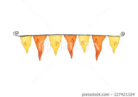 Garland of yellow and orange flags of the tegumentary shape on a black thread 127421104