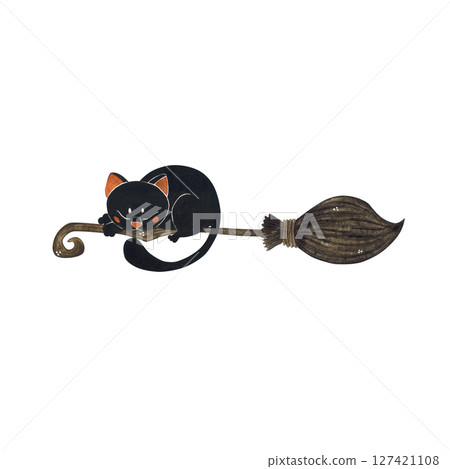 Cute black cat sleeping on a hovering broom. Watercolor illustration hand drawn, cartoon. Drawing for stickers, scrapbooking, cards. holiday, halloween, cat, animal, witch, broom, hat Cute black cat sleeping on a hovering broom. Watercolor illustration hand drawn, cartoon. Drawing for stickers, scrapbooking, cards. holiday, halloween, cat, animal, witch, broom, hat 127421108