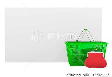 Blank white card with shopping basket and red coin purse. 3D rendering Blank white card with shopping basket and red coin purse. 3D rendering 127421154