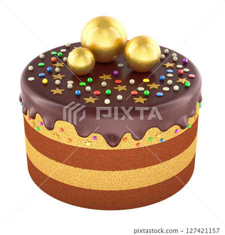 Chocolate cake with layered yellow and brown sponge, topped with chocolate glaze, gold balls, and colorful star and dot sprinkles. 3D rendering Chocolate cake with layered yellow and brown sponge, topped with chocolate glaze, gold balls, and colorful star and dot sprinkles. 3D rendering 127421157