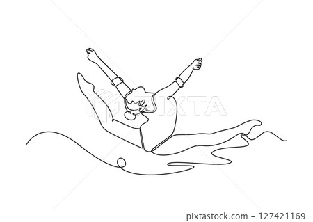 Continuous one line drawing graceful female gymnast jumping in mid air, performing split leap. Elegance and precision in captivating rhythmic gymnastic. Single line design vector graphic illustration Continuous one line drawing graceful female gymnast jumping in mid air, performing split leap. Elegance and precision in captivating rhythmic gymnastic. Single line design vector graphic illustration 127421169
