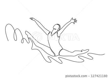 Single continuous line drawing young female gymnast jumping in mid air, performing split leap. Action, motion, sport, motivation, competition. Dynamic one line draw graphic design vector illustration 127421180