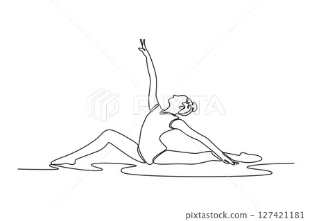 Single continuous line drawing rhythmic gymnastics, female dancing in gym with balance, action with performance and fitness. Competition, tournament. One line draw graphic design vector illustration 127421181