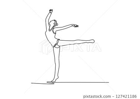 Single one line drawing beauty young gymnast woman stretching and training rhythmic gymnastic. Professional sport, healthy and active lifestyle. Continuous line draw design graphic vector illustration Single one line drawing beauty young gymnast woman stretching and training rhythmic gymnastic. Professional sport, healthy and active lifestyle. Continuous line draw design graphic vector illustration 127421186